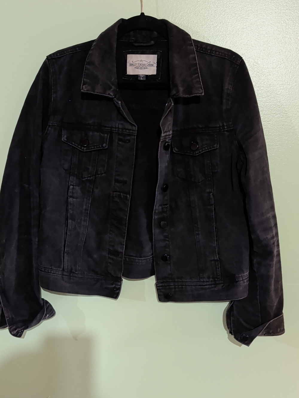 Washed Black Denim Jacket with Button Front - Casual Layering